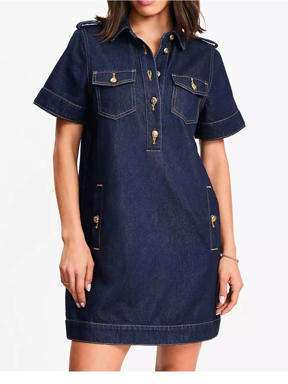 LOFT Dark Indigo Denim Mini Dress with Gold Buttons